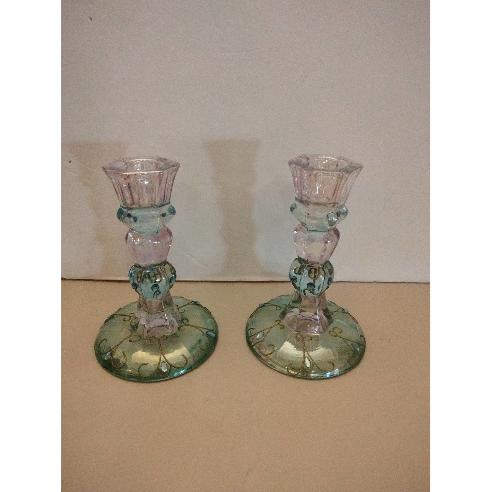 Vintage Party lite lavender, blue jewel embellishment glass candle sticks 5"